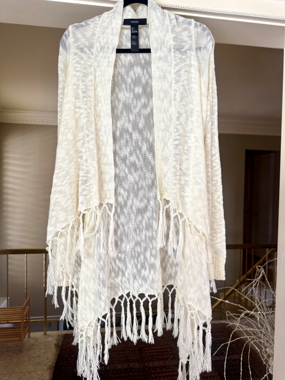 Forever 21 Ivory Fringe Open-Front Knit Cardigan